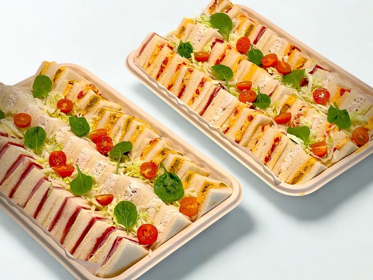 Catering spread of mini burgers, sandwiches, tortilla bites and croquettes