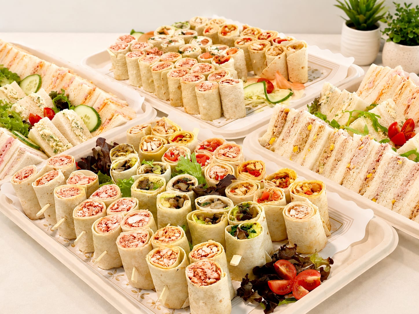 Trays of sandwich and wrap platters prepared for a corporate lunch order