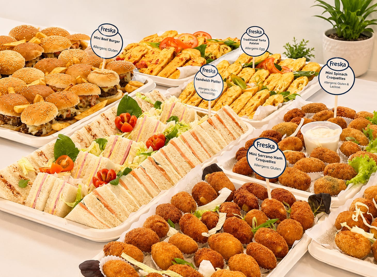 Two trays of finger sandwich platters garnished with cherry tomatoes and spinach