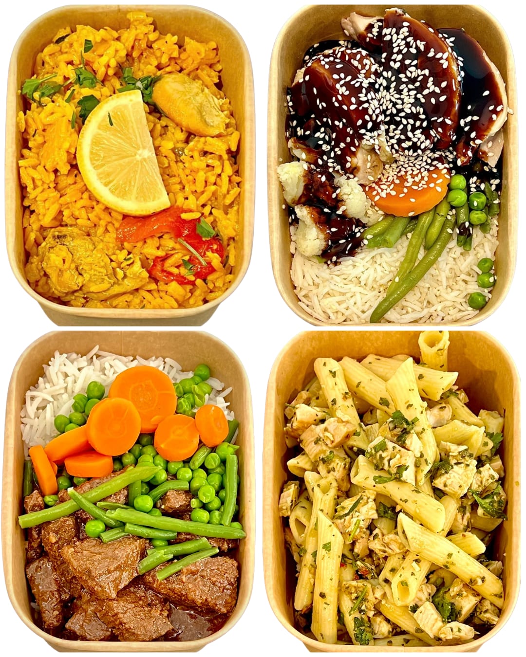 Four meal-prep boxes: chicken paella rice, teriyaki chicken, beef stew and pasta with chicken